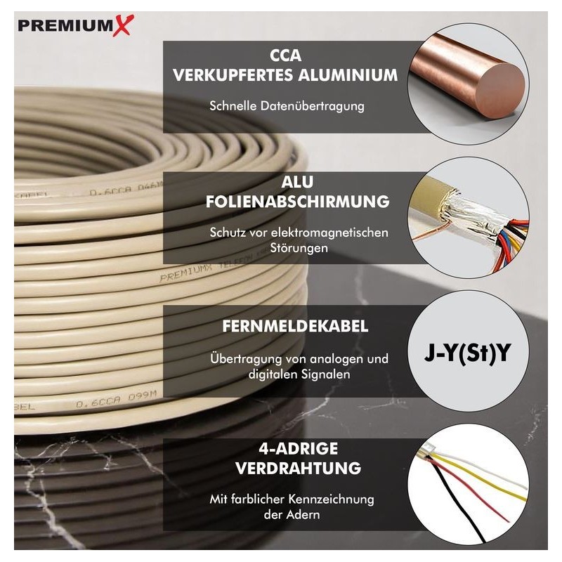 PremiumX 50m Telefonkabel 2x2x0,6mm J-Y(ST)Y Telefonleitung 4-Adern