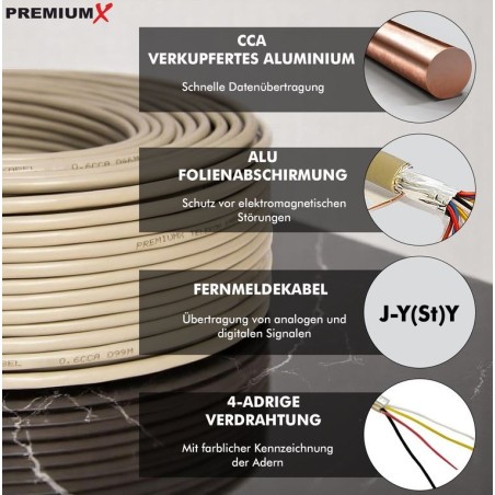 PremiumX 50m Telefonkabel 2x2x0,6mm J-Y(ST)Y Telefonleitung 4-Adern