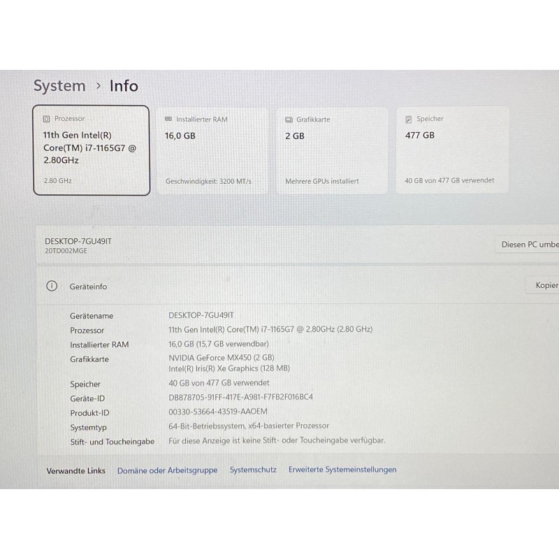 Lenovo ThinkPad E15 Gen 2, intel Core i7-1165G7, 16GB, 512GB, nVidia GeForce MX450